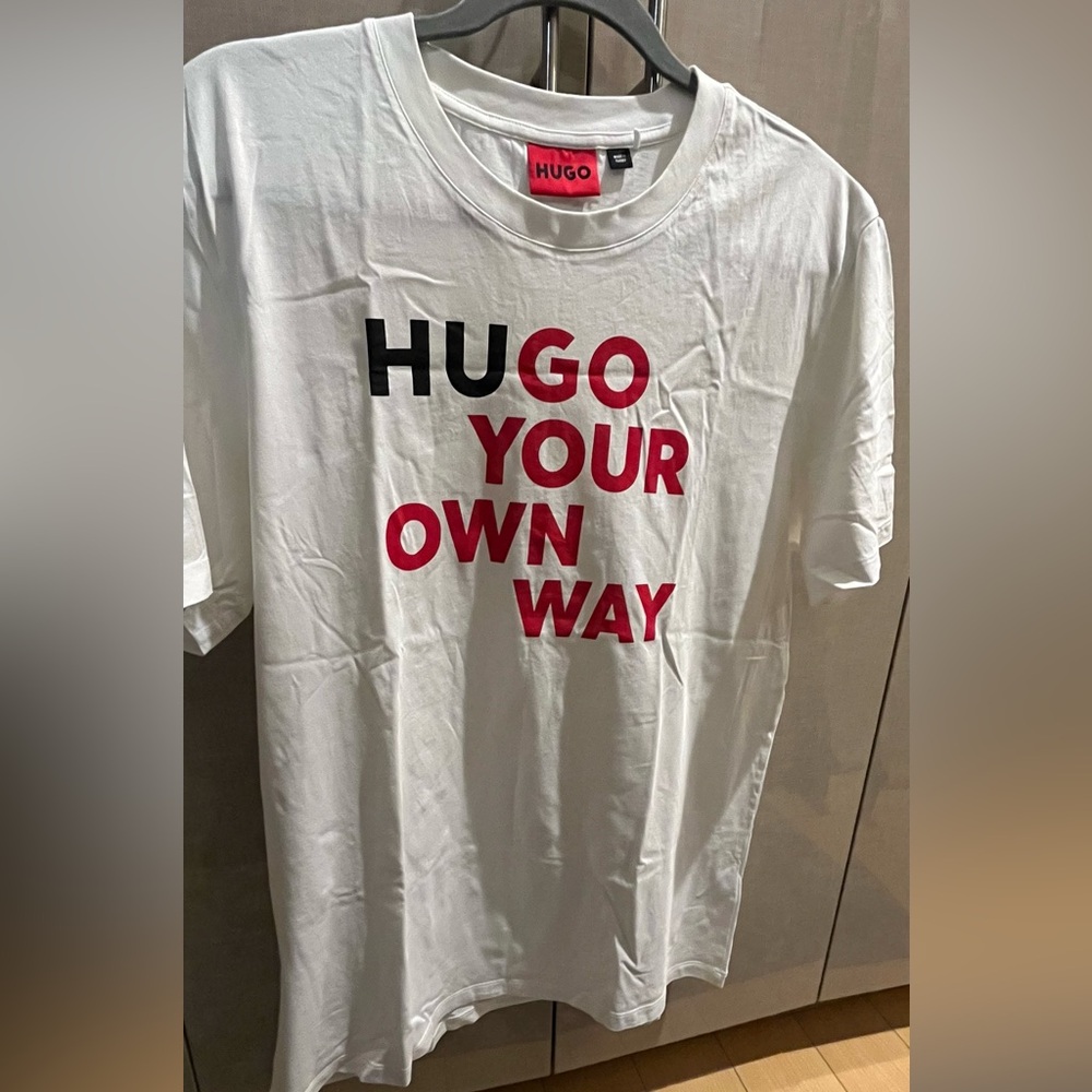HUGO White Tee with Red Logo Tag and Black Text